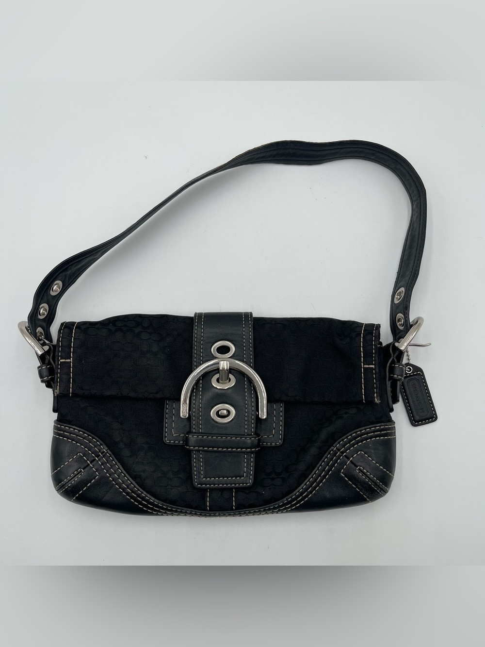 Vtg Y2K Coach Small Soho Signature C Black Canvas Shoulder Bag Hobo Leather - Picture 3 of 15